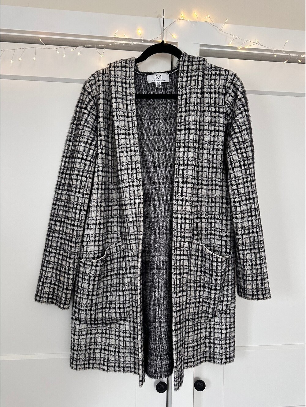 Magaschoni Black and White Plaid Knit Hooded Cardigan Medium